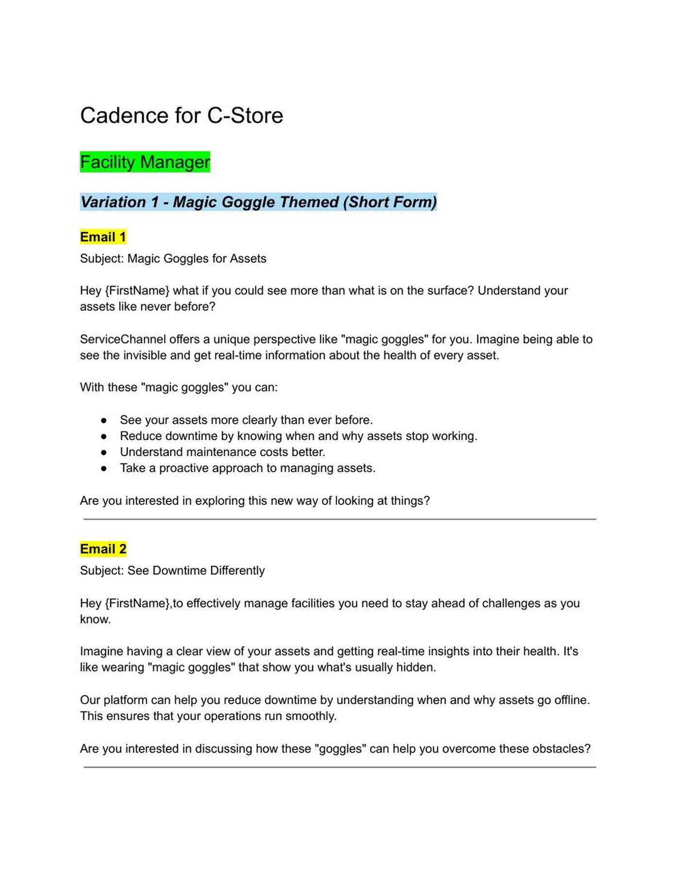 Page of ServiceChannel email campaign copy showing a convenience store facility manager cadence with subject lines and message variations.