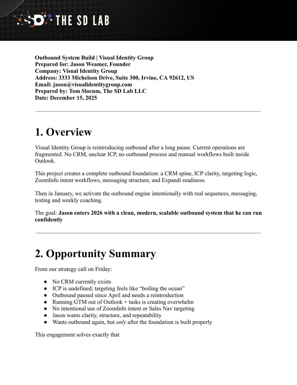 First page of the Outbound System Build document for Visual Identity Group, listing the overview and opportunity summary.