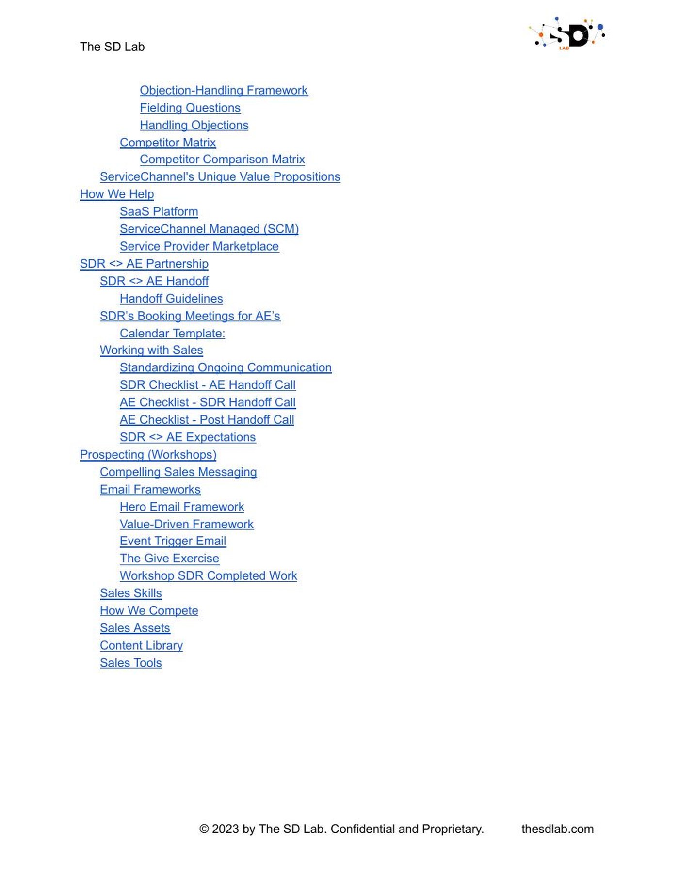 Table of contents page from the ServiceChannel playbook showing objection handling, competitor matrix and SDR to AE handoff sections.