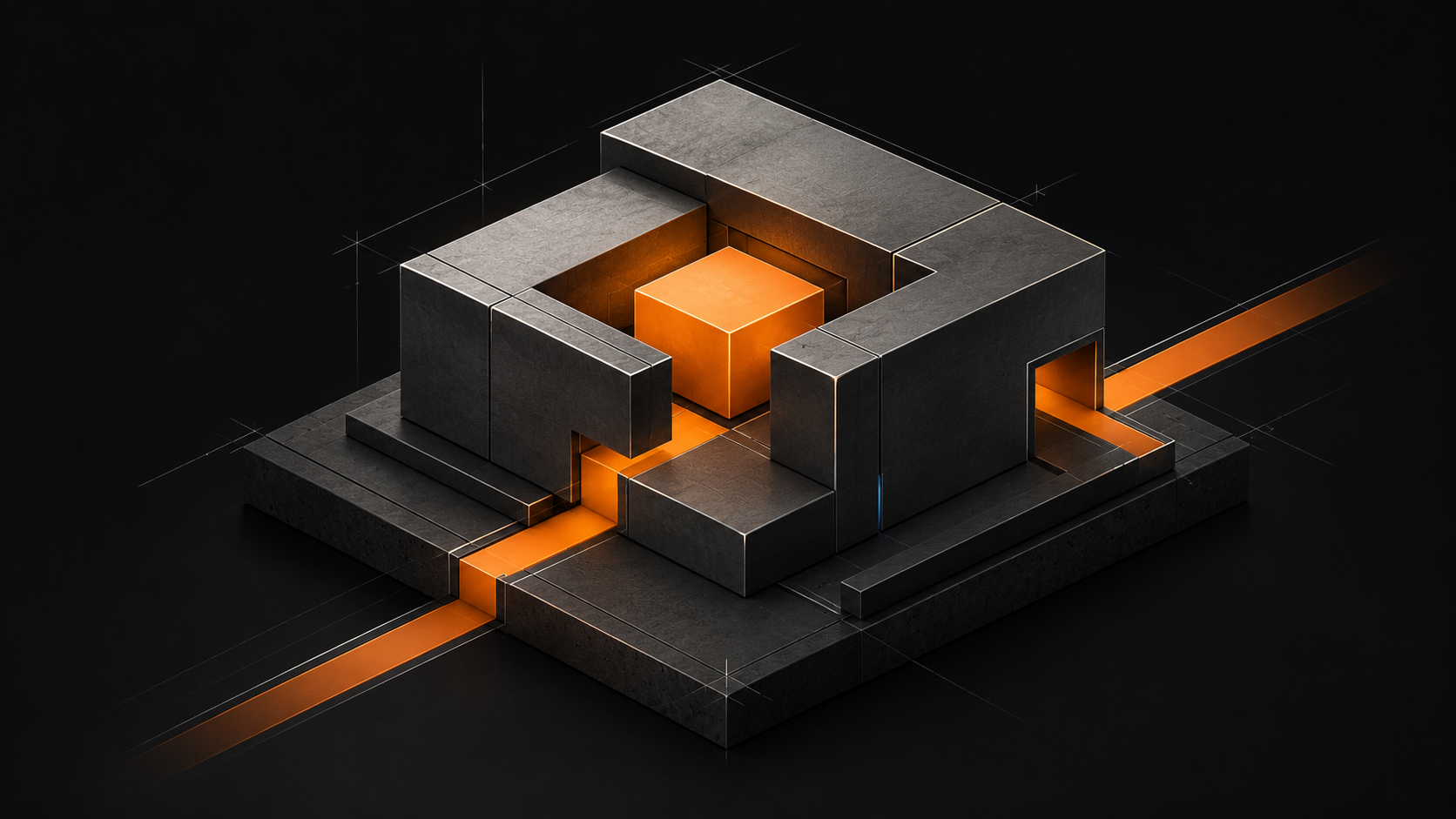 S44 conceptual cover: a square sculptural assembly surrounding an orange core.