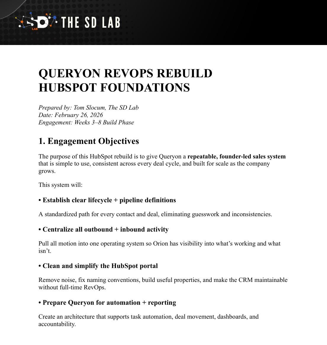 First page of the Queryon RevOps rebuild document listing engagement objectives.
