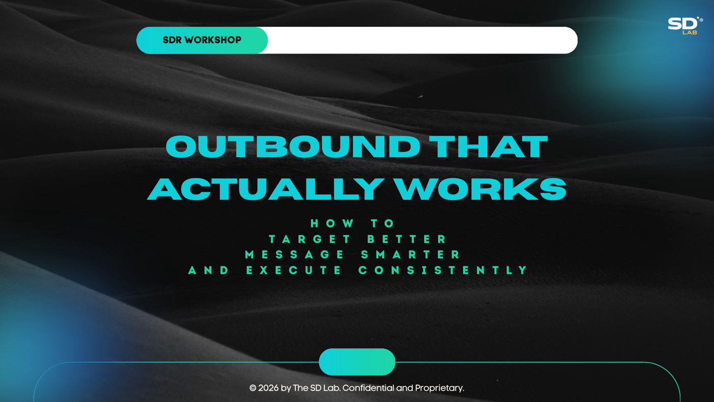 Title slide of a workshop deck reading 'Outbound That Actually Works' with SD Lab and FusionAuth branding.
