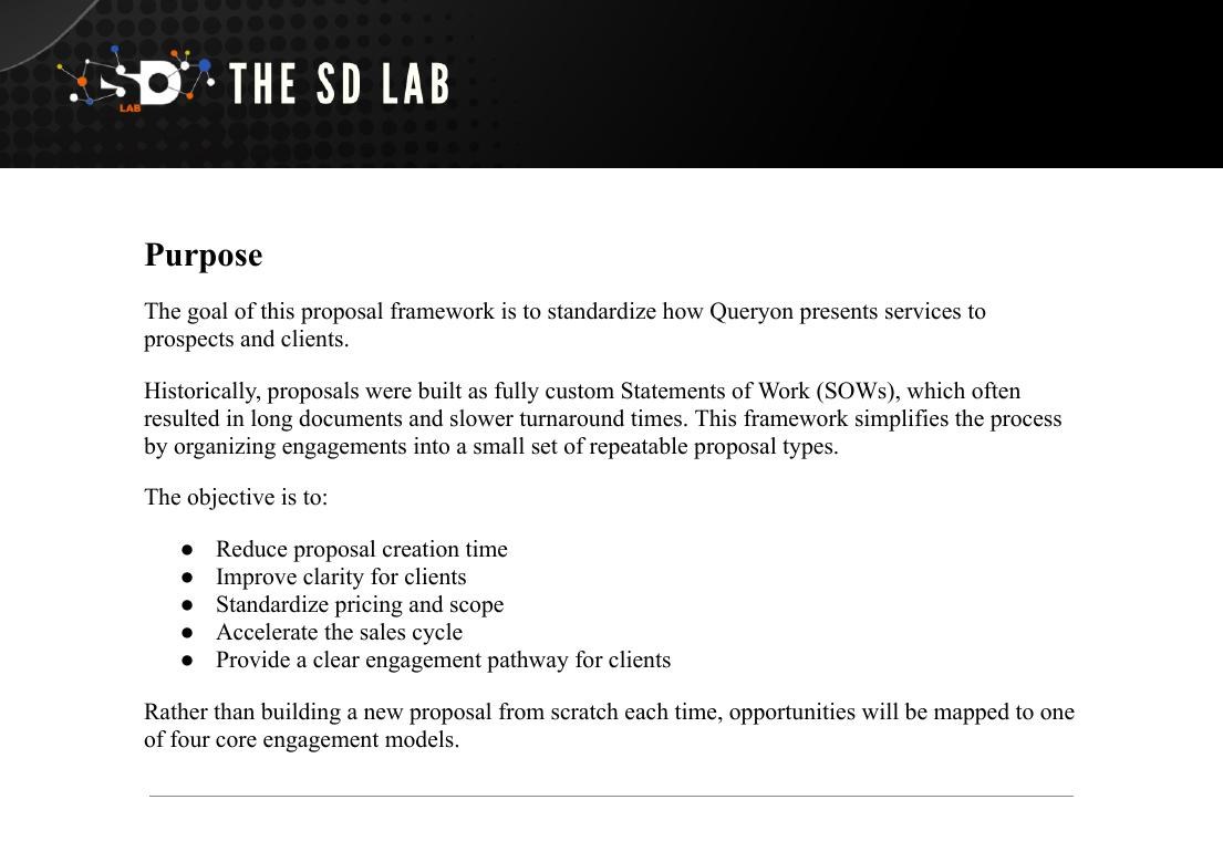 Proposal framework page explaining the purpose of standardizing proposals into repeatable types.