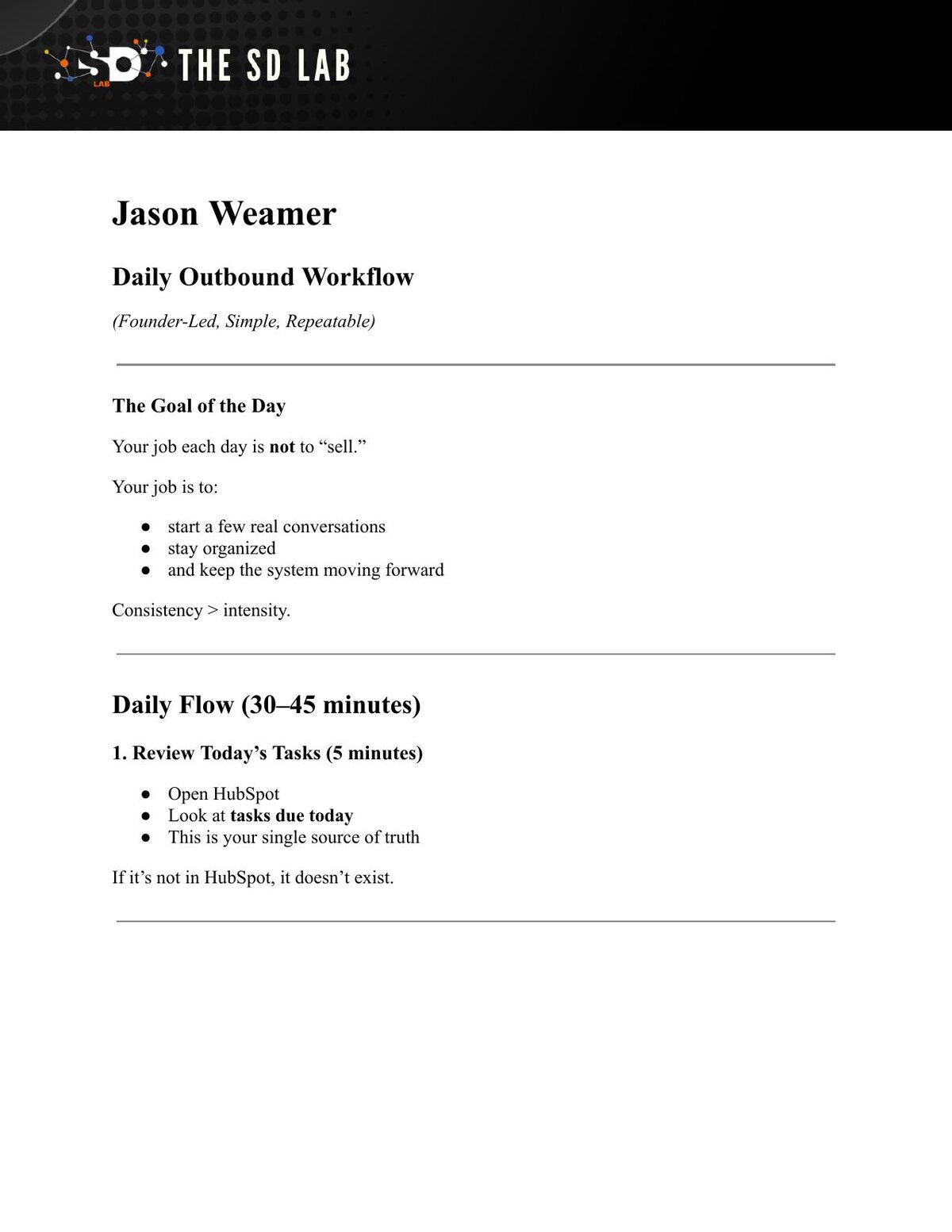 Page from the daily outbound workflow document written for Jason Weamer, listing the five daily steps.