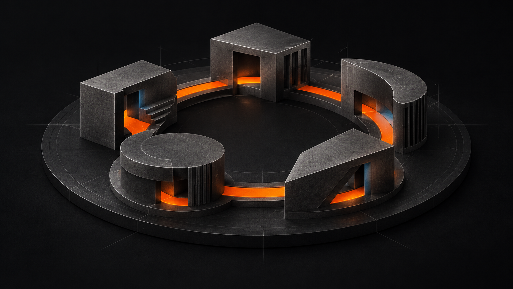 Abstract dark sculptural forms connected in a complete orange loop.