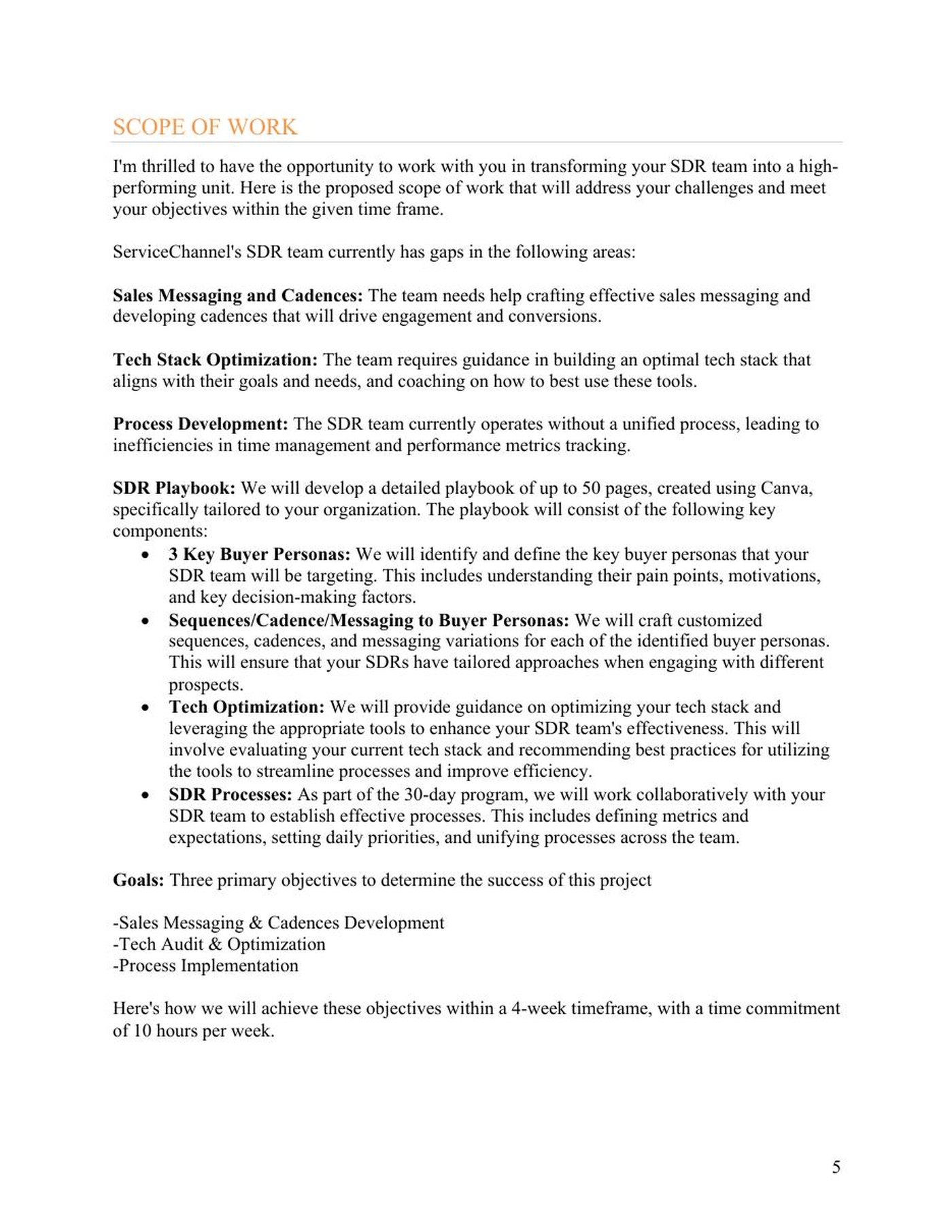 Scope of work page from the SD Lab proposal for ServiceChannel listing sales messaging, tech stack and process development gaps.